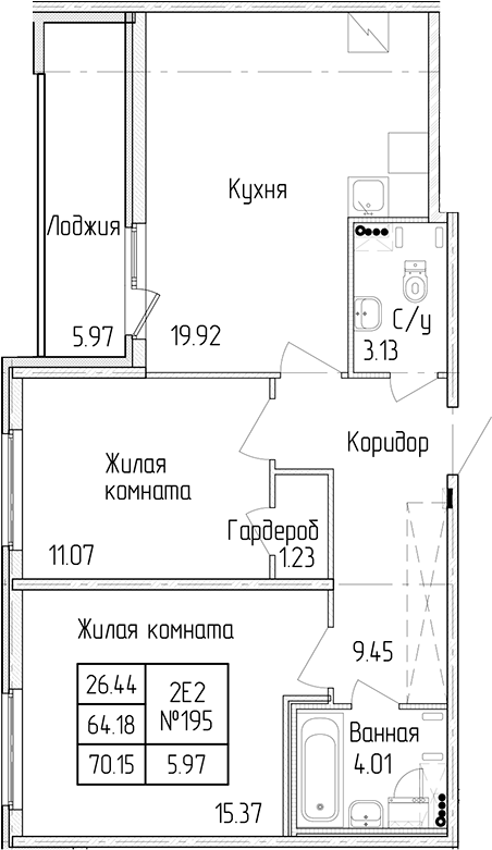 2-комнатная квартира 64.18 м², 1/4 эт., ЖК «Любоград в Стрельне»
